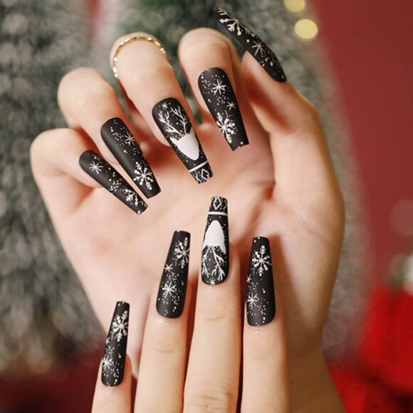 24 Acrylic Snowflake Reindeer Coffin Long Matte Black White Nails Press On - Picture 8 of 10